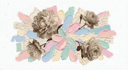 Artistic mixed-media floral collage with vintage sepia peonies and roses. Features textured oil paint strokes in pastel colors, lace fragments, and antique handwritten script on white paper.