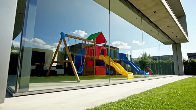 A low angle tracking shot moving along the glass facade of a high-end modern home reflecting the bright colors of the adjacent empty outdoor playset colorful, backyard, lighting