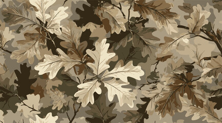 Leaves hunting camouflage pattern. Forest camouflage. Tree branches, leaves, acorns, Christmas trees. Pattern for clothing, various products.
