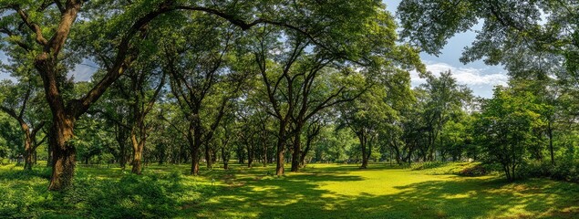 Lush green parkland with mature trees and sunlight dappling the ground