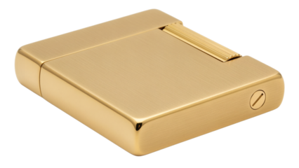 Close-up of a golden, rectangular accessory with smooth, brushed metallic finish, a hinged top, and a small, circular detail on its side
