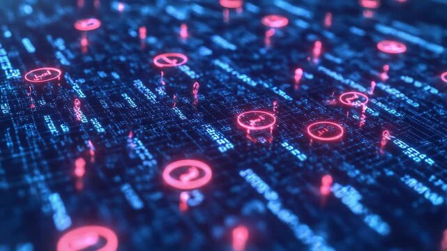 Close-up of a red and blue LED matrix, possibly part of a computer hardware or electronic device. The vivid colors create an intriguing contrast.