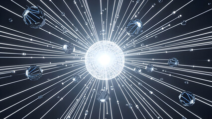 Global Network Connectivity Concept with Glowing Data Points and Light Rays Exploding from Center Sphere in Deep Space