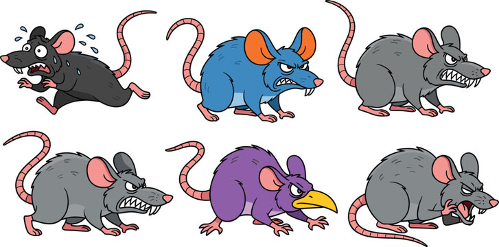 Cartoon rat character set with aggressive funny poses colorful mice mascot vector illustration collection