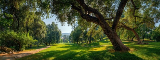 Lush green parkland with towering trees and a grassy path