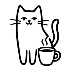 Logo cafetería. Dibujo sencillo con líneas de un gato simpático con una taza de café caliente  © teracreonte