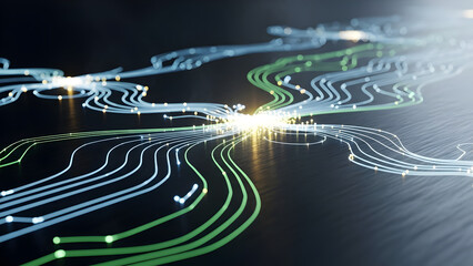 High Speed Fiber Optic Data Transfer Concept with Glowing Light Trails and Digital Connection Network on Dark Background