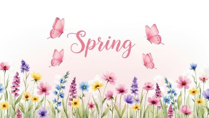 Soft Watercolor Illustration of a Meadow with Pink Butterflies and Various Spring Flowers Under the Word "Spring"