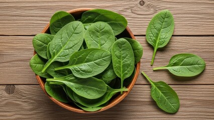 Fresh spinach leaves overflowing a wooden bowl, with individual leaves scattered on a wood surface