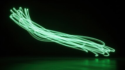 Glowing green streaks of light against a dark background, reflecting below