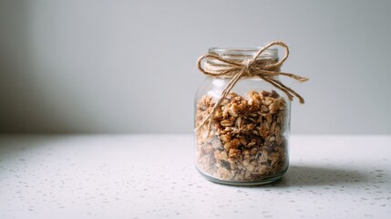 A jar of granos sitting on a table