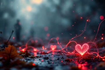 Fototapeta premium Mystical Forest Path with Glowing Heart, Romantic Valentine's Day Concept, Fantasy Landscape with Love Symbol, Ethereal Scene with Red Light and Foggy