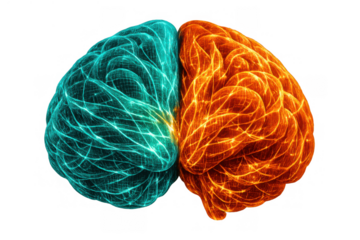 Human brain hemispheres representing logic and creativity, left and right brain functions, mental balance thinking on transparent background
