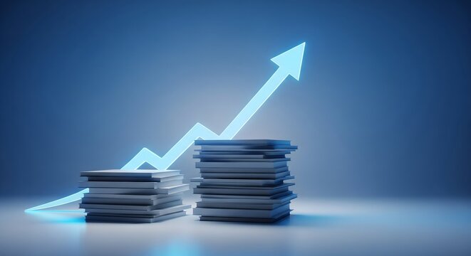 Conceptual illustration of business growth and knowledge accumulation with an ascending glowing arrow rising above stacks of square objects on a blue background.