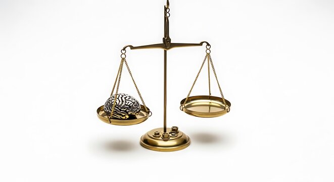 Brass balance scale with a silver brain model on one pan and an empty pan on the other against a white background