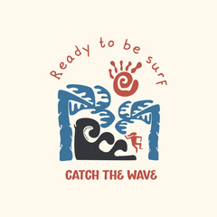 surf badge vintage design with palm, wave, sun, for tshirt branding, beachwear and other uses