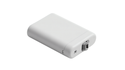 Isometric view of a small, white, rectangular electronic device with rounded edges and a small cylindrical component