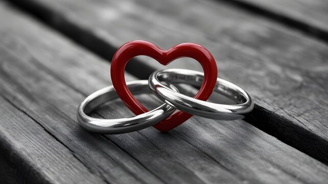 Two silver wedding bands intricately linked together with a bright red heart symbol resting on weathered wooden planks