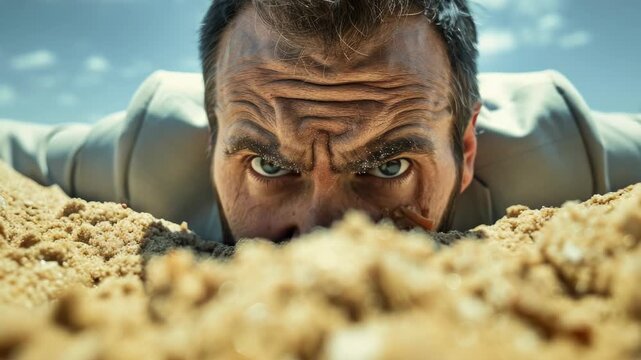 A man battling harsh desert conditions, depicted from a low angle looking up at the sky.