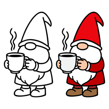 Tiempo de Navidad. Dibujo sencillo con l&iacute;neas de un gnomo de Santa Claus de pie con una taza de una bebida caliente, para tarjetas y felicitaciones de Navidad 