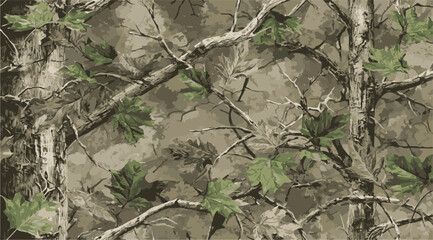 Seamless Forest Camouflage Pattern with Tree Branches, Leaves, and Natural Woodland Texture in Green and Gray Tones. Usable for hunting 