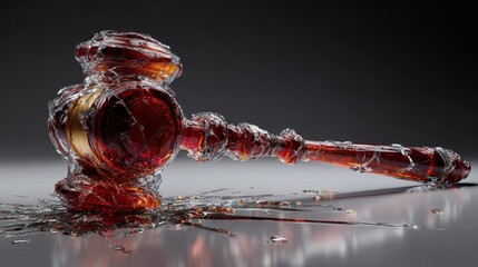 Shattered Gavel Symbolizing Justice and Legal System in Fractured Glass Amidst Dark Background