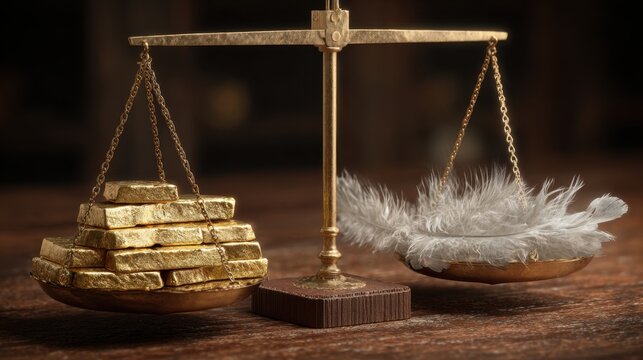 Balance of wealth and lightness, gold bars and feather on scales in a symbolic representation of value and materialism