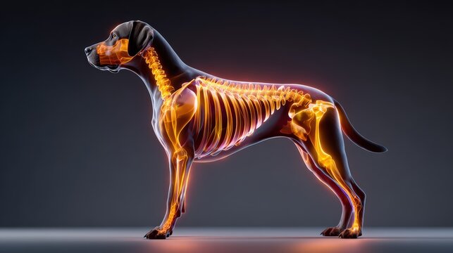 Dog Anatomy Illustration with Visible Skeleton and Muscles