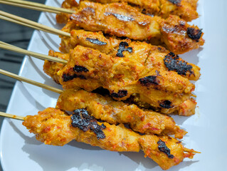 delicious grilled chicken satay on a white plate.