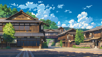 Obraz premium アニメ風イラスト 日本の古い街並みと青空
