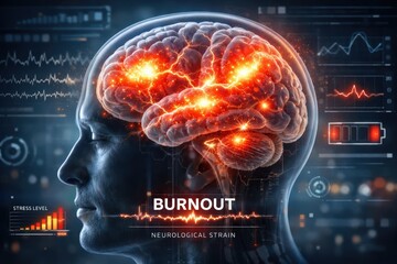 Glowing Human Brain with Burnout Text and Data Interface