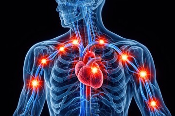3D Illustration of Human Skeleton with Heart and Joint Pain Points