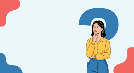 Fototapeta premium Illustration of a thoughtful woman with a questioning look, standing in front of a large blue question mark symbol.