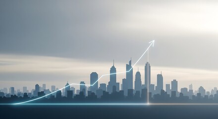 Business growth graph superimposed on a futuristic city skyline silhouette representing economic development, success, and investment returns.