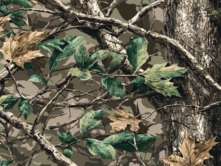 Realistic hunting camouflage seamless pattern design. Forest barks, stems, leaves camouflage background