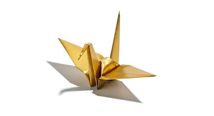 Golden origami paper crane casting a shadow on a clean white background origami crane golden crane