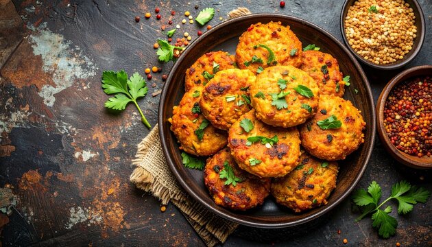 Sri Lankan lentil fritters (vadai), top view, rustic background, no people, no text
