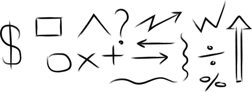 A collection of various mathematical and punctuation symbols drawn in a handwriting style