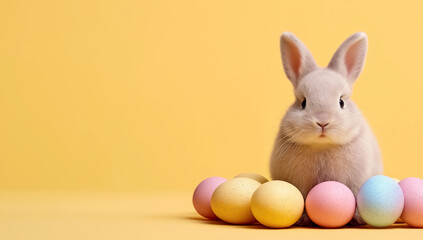 Fototapeta premium Cute Bunny With Easter Eggs On Yellow Background rabbit