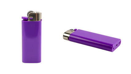 Two close-up views of vibrant purple rectangular objects, one upright, the other lying down, against a stark black background