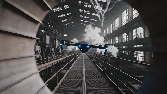 A sleek surveillance drone expertly maneuvers through broken ventilation slats to gain access inside a dark industrial building robot, danger, futuristic