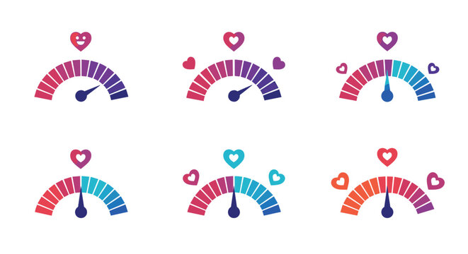 Set of six gauge meters with needles pointing to different levels and heart icons on top representing love and emotion intensity.