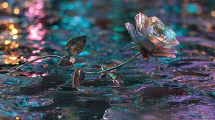 Beautiful metallic rose on a colorful reflective surface sparkling with vibrant lights and textures in a dreamy atmosphere