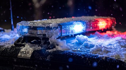 Close-up of frozen police emergency lights flashing blue and red on a car roof covered in snow and ice during a winter night storm.