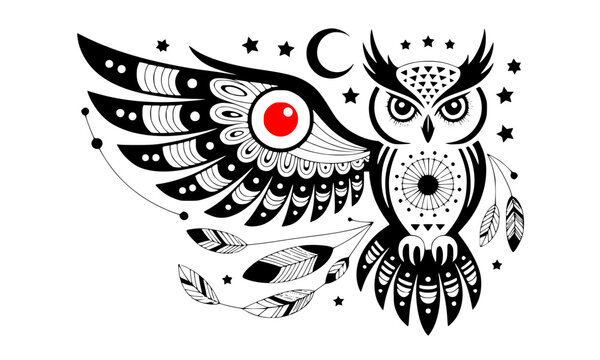 Mystical owl vector illustration with moon and stars, bohemian tribal bird design with celestial elements, ethnic owl tattoo style with red eye accent, occult spirit animal art isolated on white