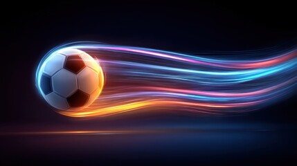 Fototapeta premium Futuristic Soccer Ball Surrounded by Neon Light Streaks, Dynamic Motion Effect in Dark Background