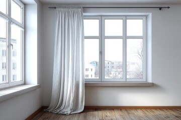 Fototapeta premium Light fills a room through two windows, one with a white curtain.