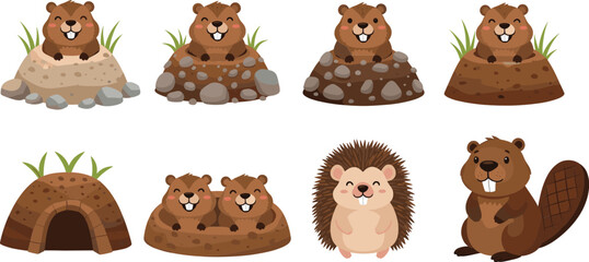 Cute forest animal character set with beaver bear hedgehog groundhog cartoon wildlife vector illustration © Sumon Creative