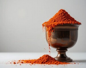 A richly colored pile of vibrant orange powder spills from an ornate bronze bowl onto a white surface, creating a visually striking, textured composition