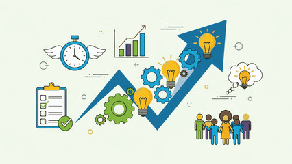 Fototapeta premium Business growth concept with upward arrow, light bulbs, gears, stopwatch, checklist, and diverse team illustration